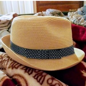 Straw Hat w/ navy blue Polka Dots ribbon